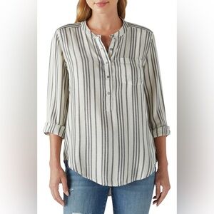 Lucky Brand Collarless 3/4 Sleeve Stripe Blouse Button Up Front Pocket Size S